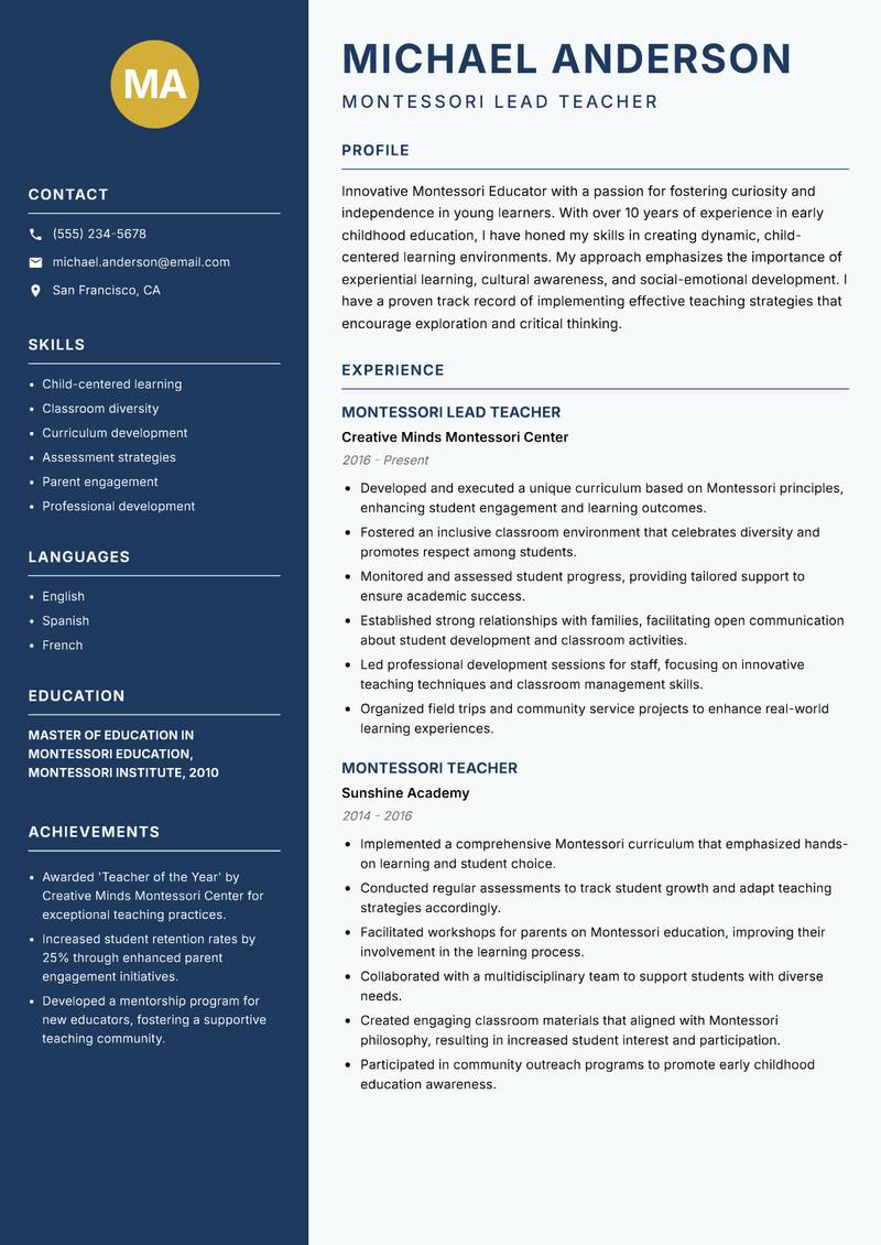 Montessori Educator resume sample — Montessori Lead Teacher focus