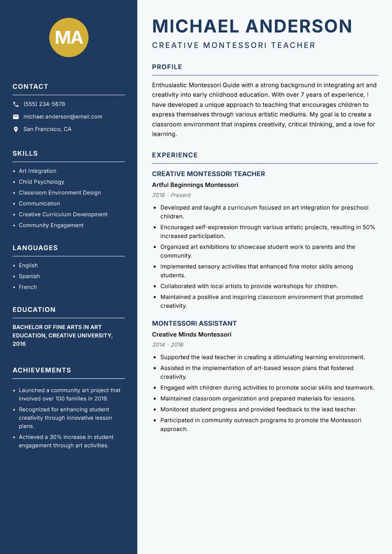 Montessori Guide resume sample — Creative Montessori Teacher focus