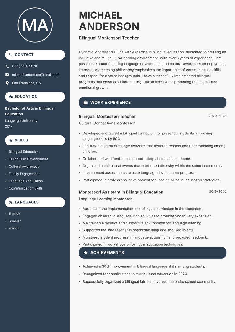 Montessori Guide resume sample — Bilingual Montessori Teacher focus