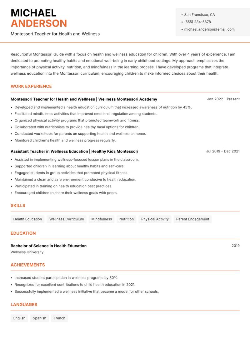Montessori Guide resume sample — Montessori Teacher for Health and Wellness focus