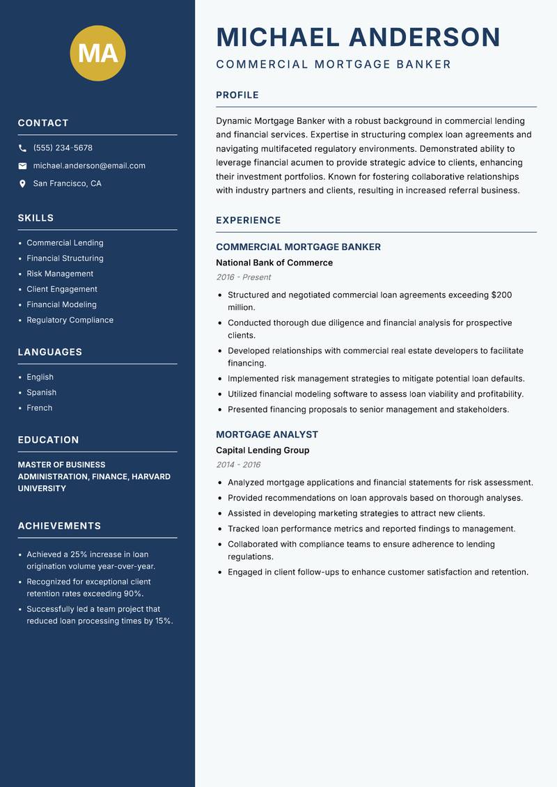Mortgage Banker resume sample — Commercial Mortgage Banker focus