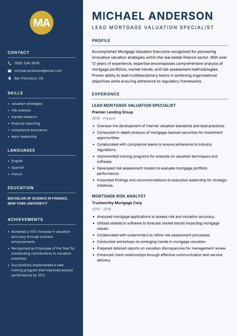 Mortgage Valuation Executive resume sample — Lead Mortgage Valuation Specialist focus
