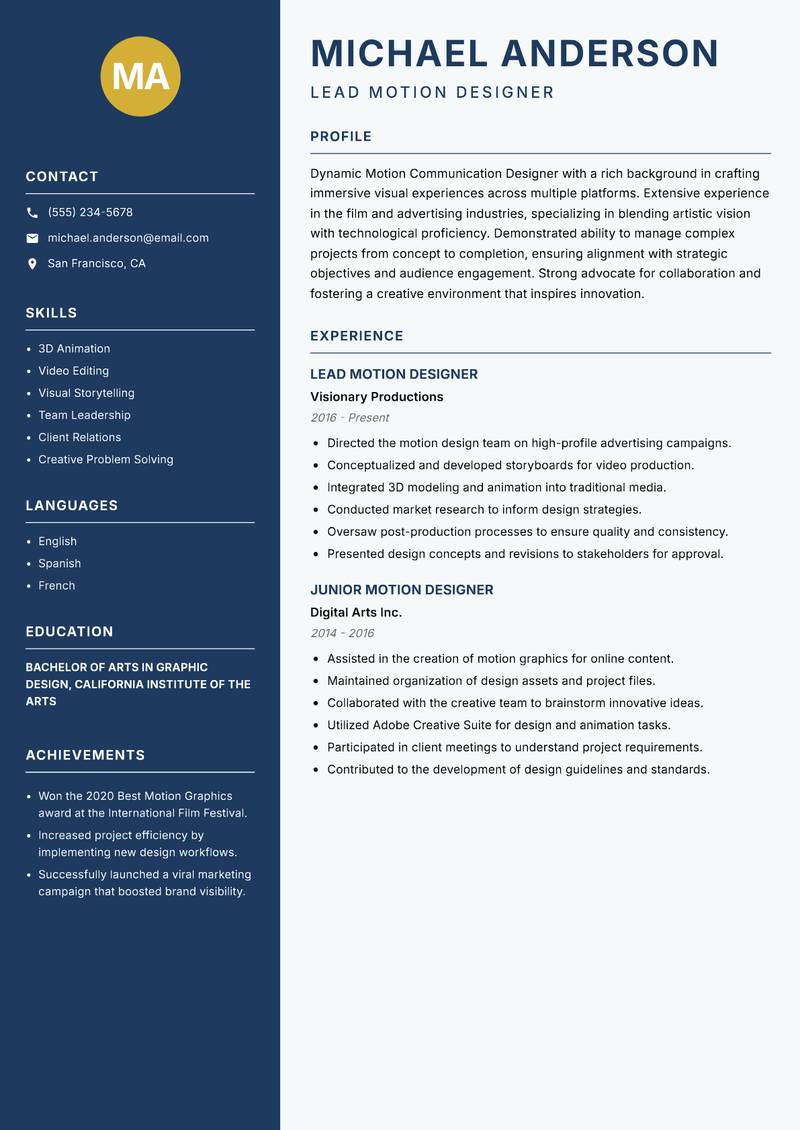 Motion Communication Designer resume sample — Lead Motion Designer focus