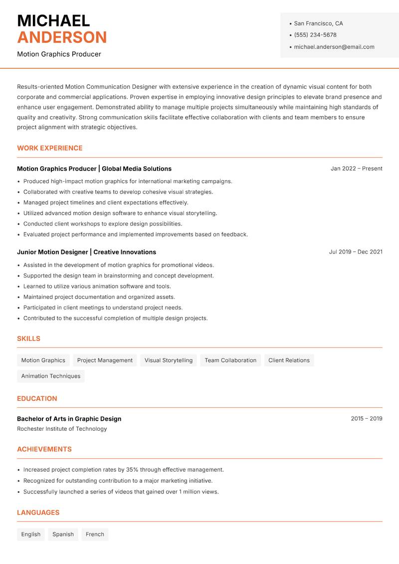 Motion Communication Designer resume sample — Motion Graphics Producer focus