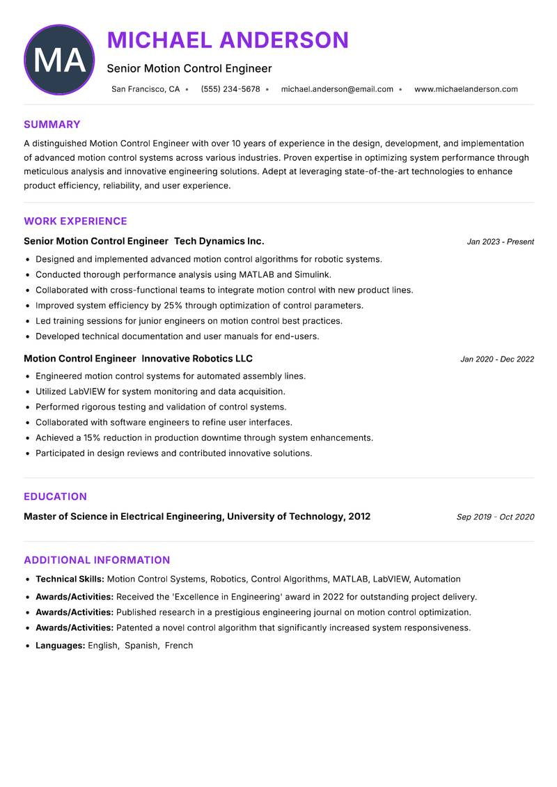 Motion Control Engineer resume example