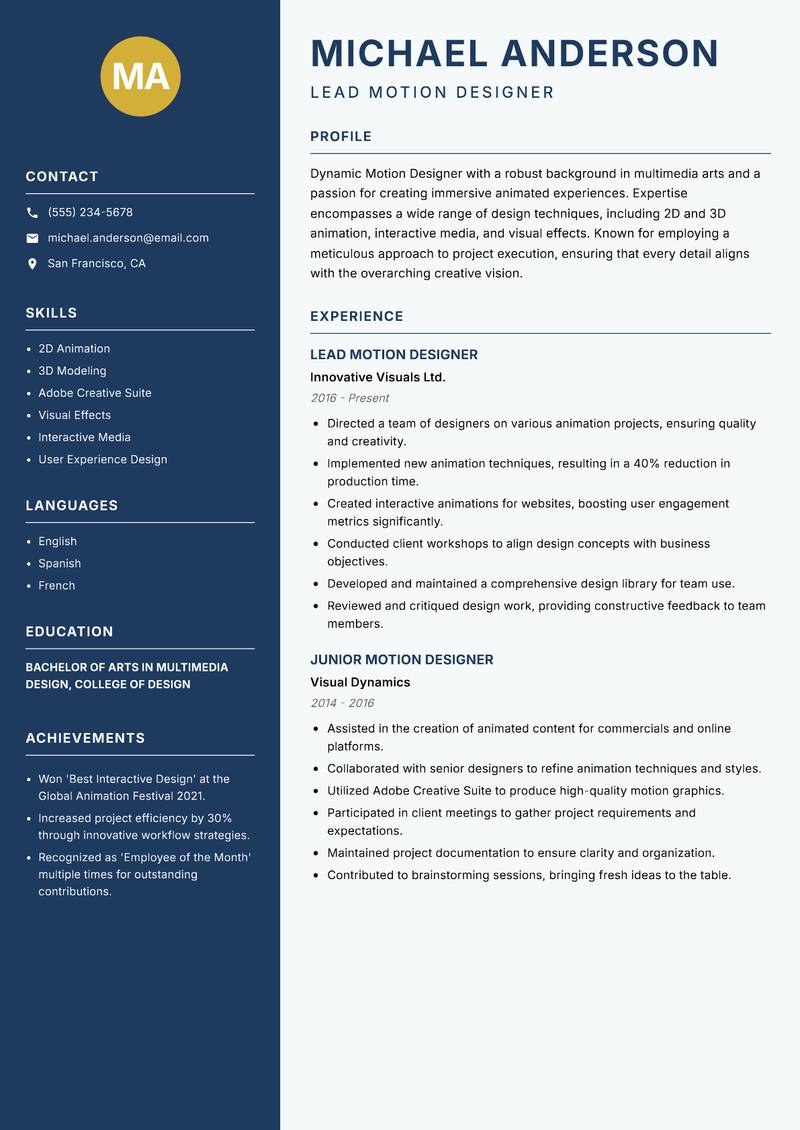 Motion Designer resume sample — Lead Motion Designer focus