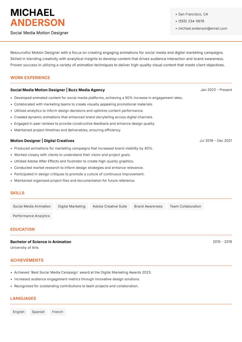 Motion Designer resume sample — Social Media Motion Designer focus
