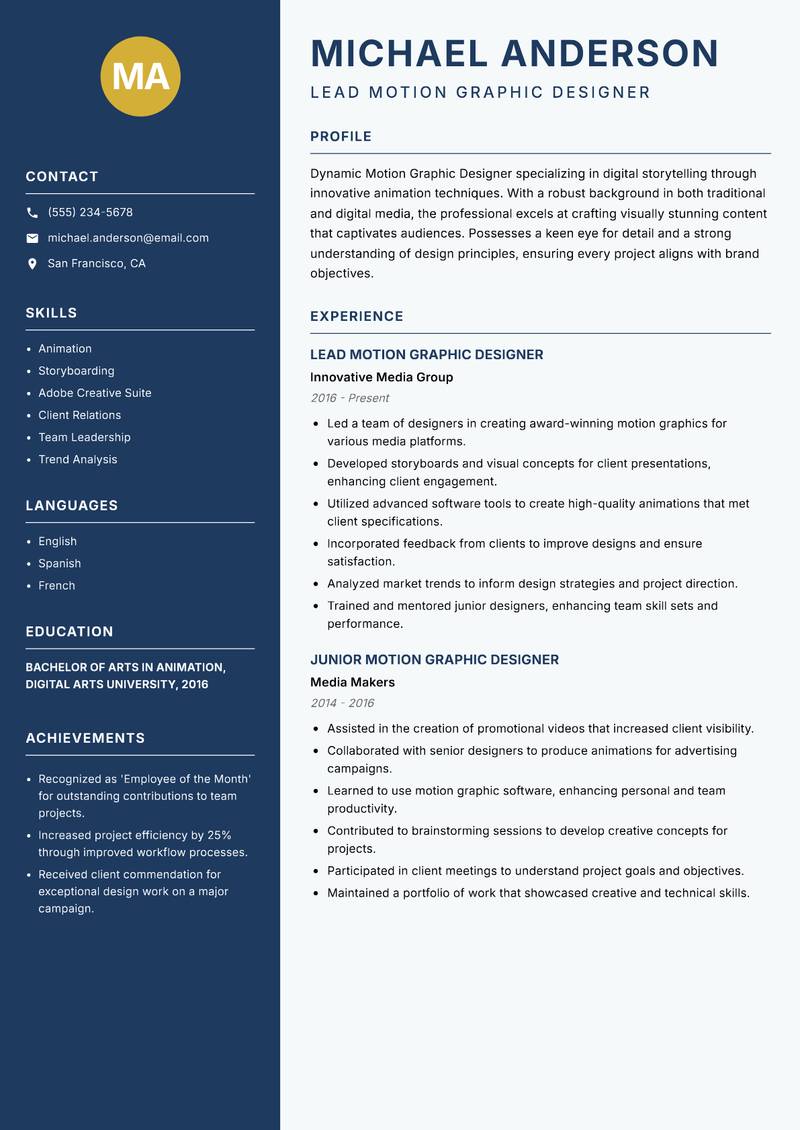 Motion Graphic Designer resume sample — Lead Motion Graphic Designer focus