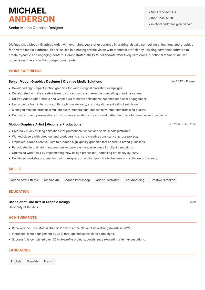 Motion Graphics Artist resume sample — Senior Motion Graphics Designer focus