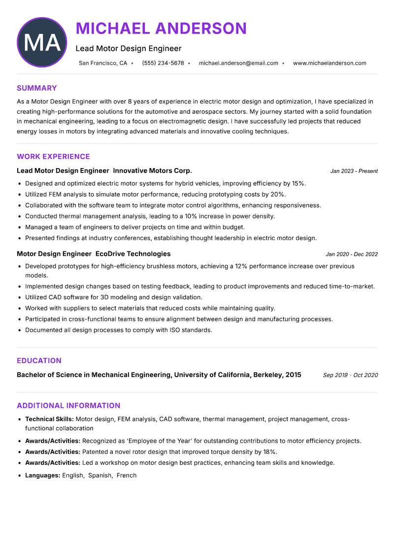 Motor Design Engineer resume example