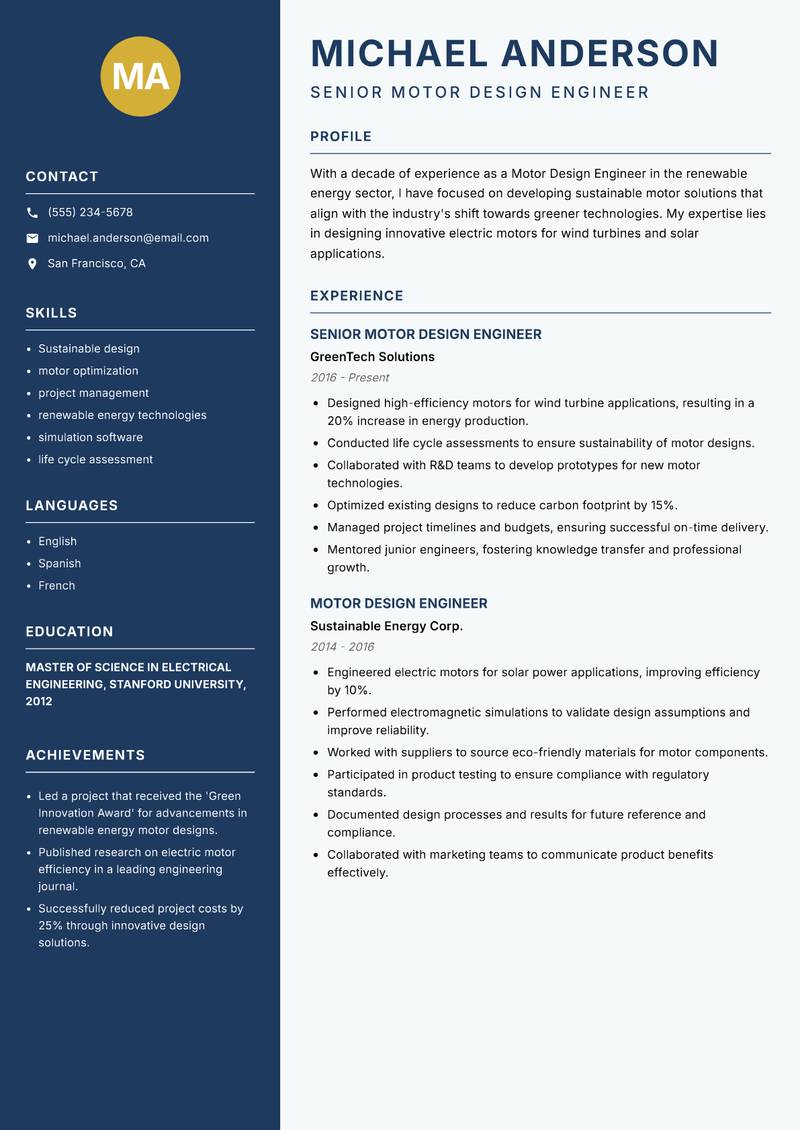 Motor Design Engineer resume sample — Senior Motor Design Engineer focus