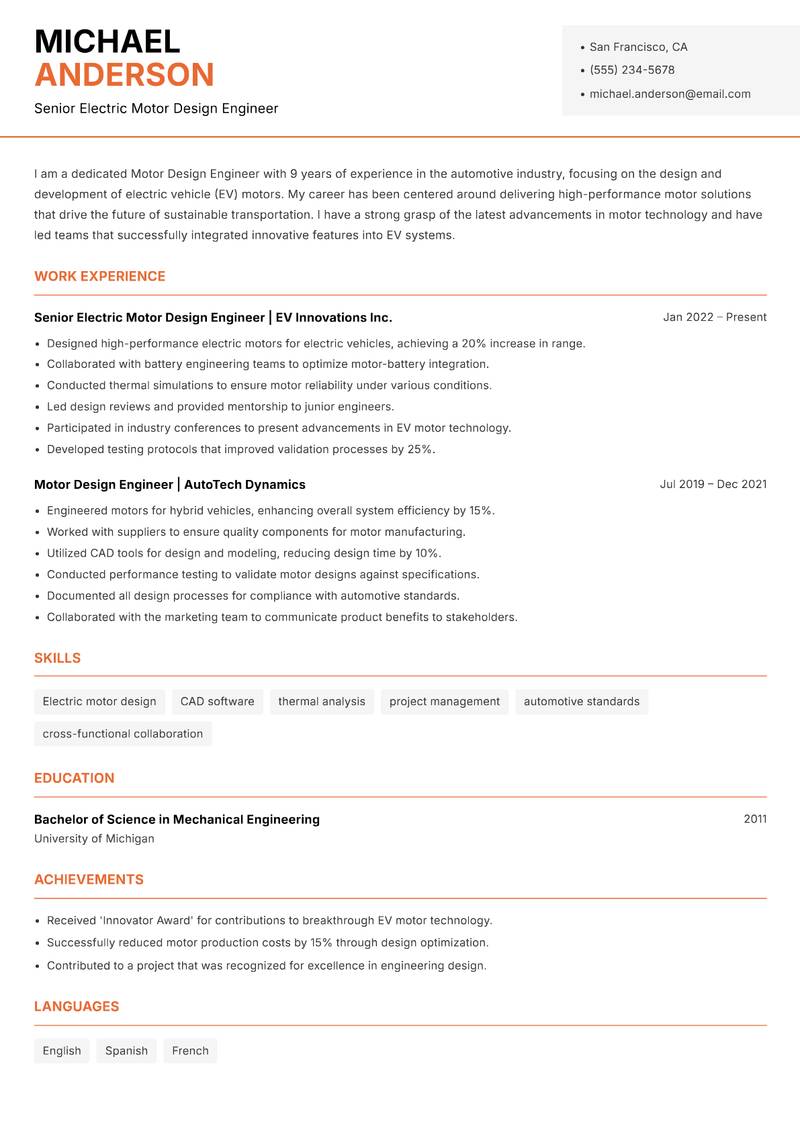 Motor Design Engineer resume sample — Senior Electric Motor Design Engineer focus