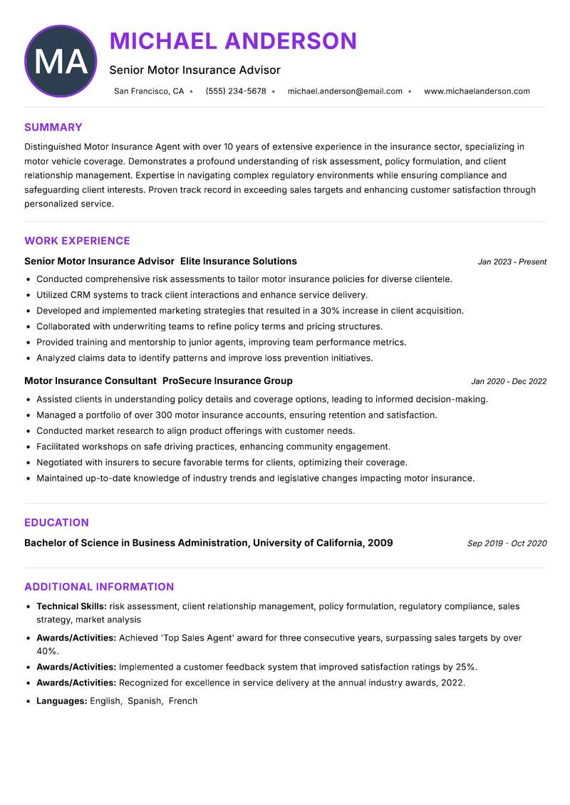 Motor Insurance Agent resume example