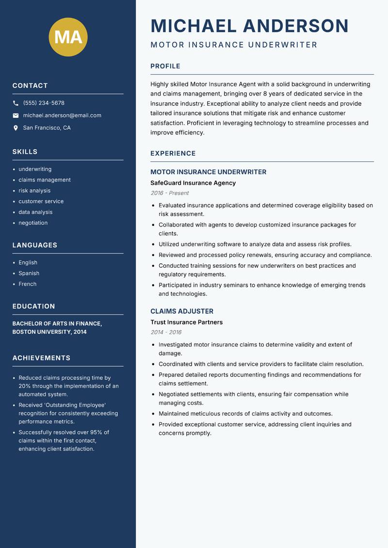 Motor Insurance Agent resume sample — Motor Insurance Underwriter focus