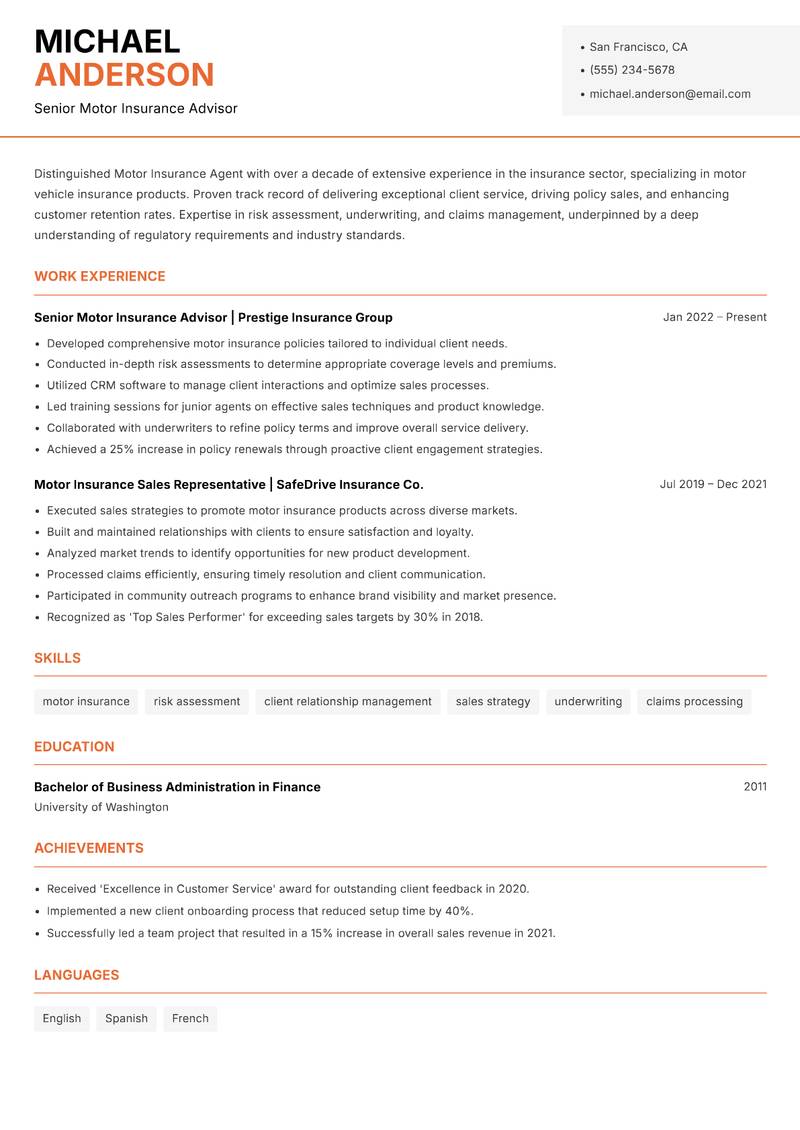 Motor Insurance Agent resume sample — Senior Motor Insurance Advisor focus