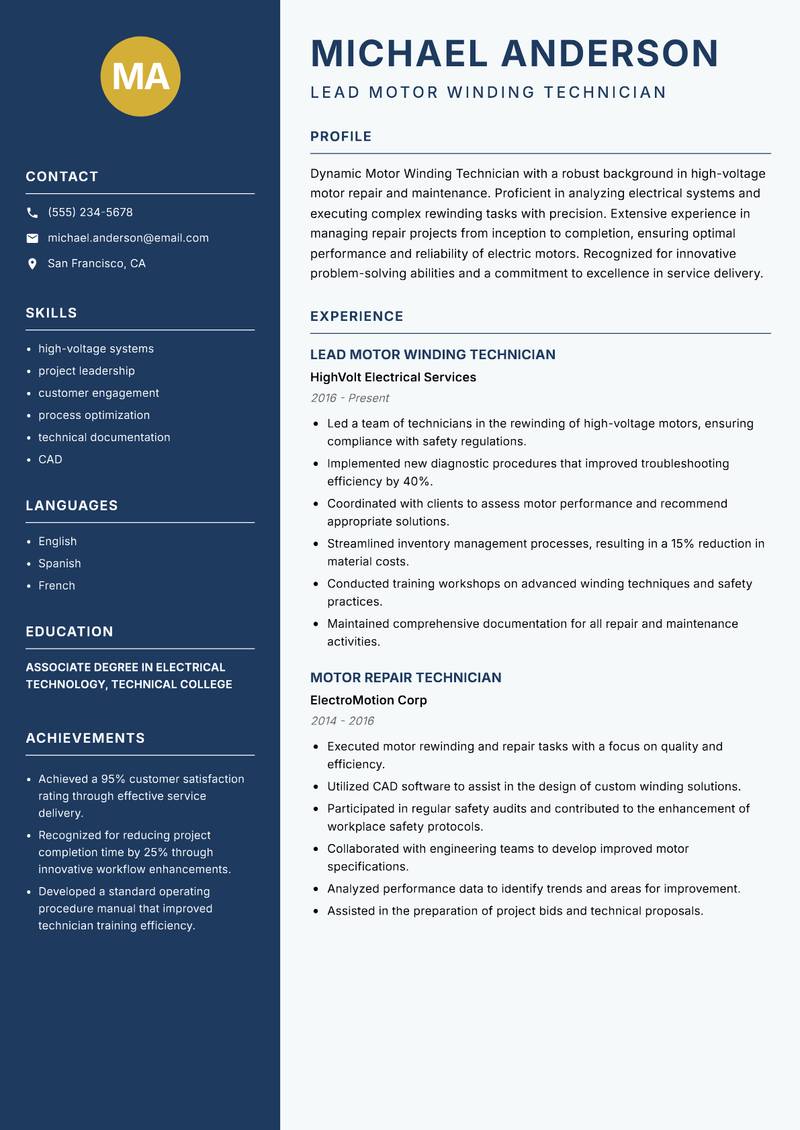 Motor Winding Technician resume sample — Lead Motor Winding Technician focus
