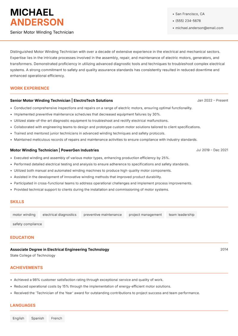 Motor Winding Technician resume sample — Senior Motor Winding Technician focus