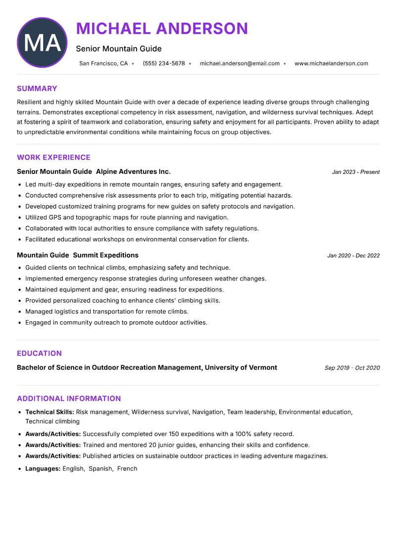 Mountain Guide resume example