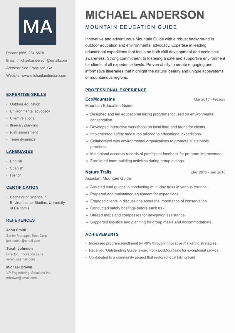 Mountain Guide resume sample — Mountain Education Guide focus