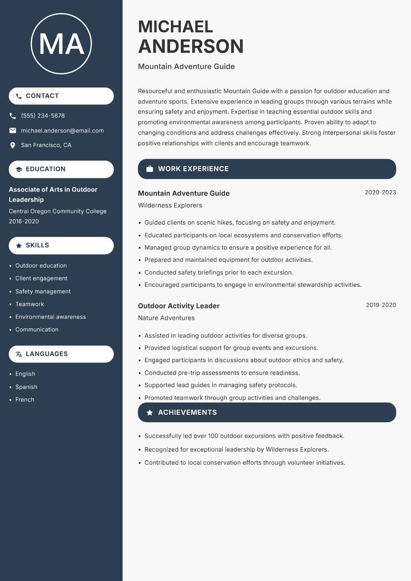 Mountain Guide resume sample — Mountain Adventure Guide focus