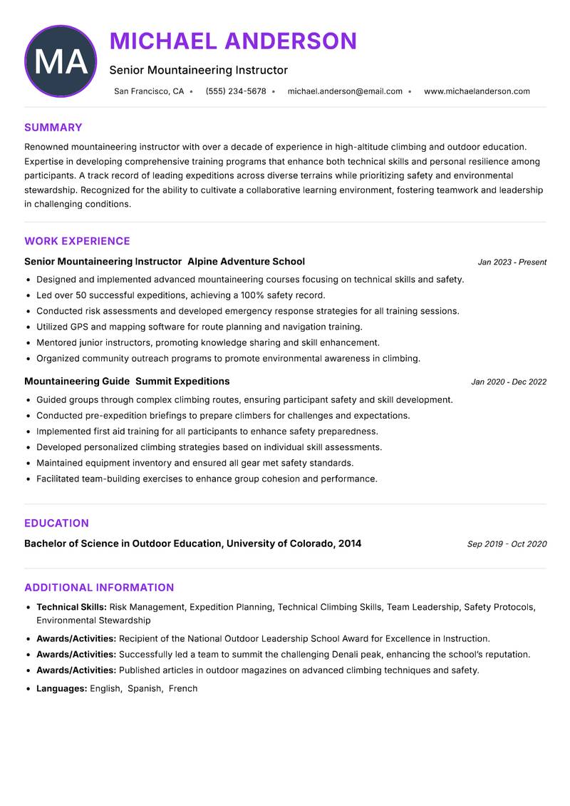 Mountaineering Instructor resume example