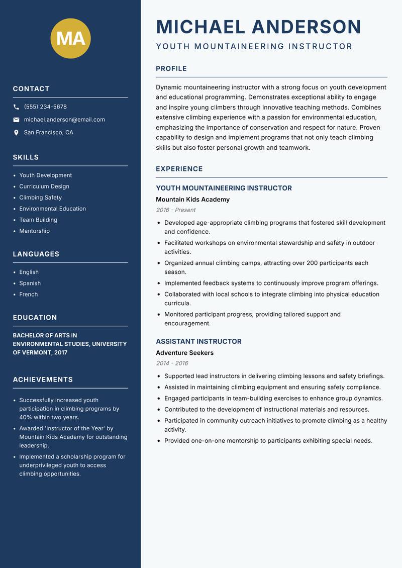 Mountaineering Instructor resume sample — Youth Mountaineering Instructor focus