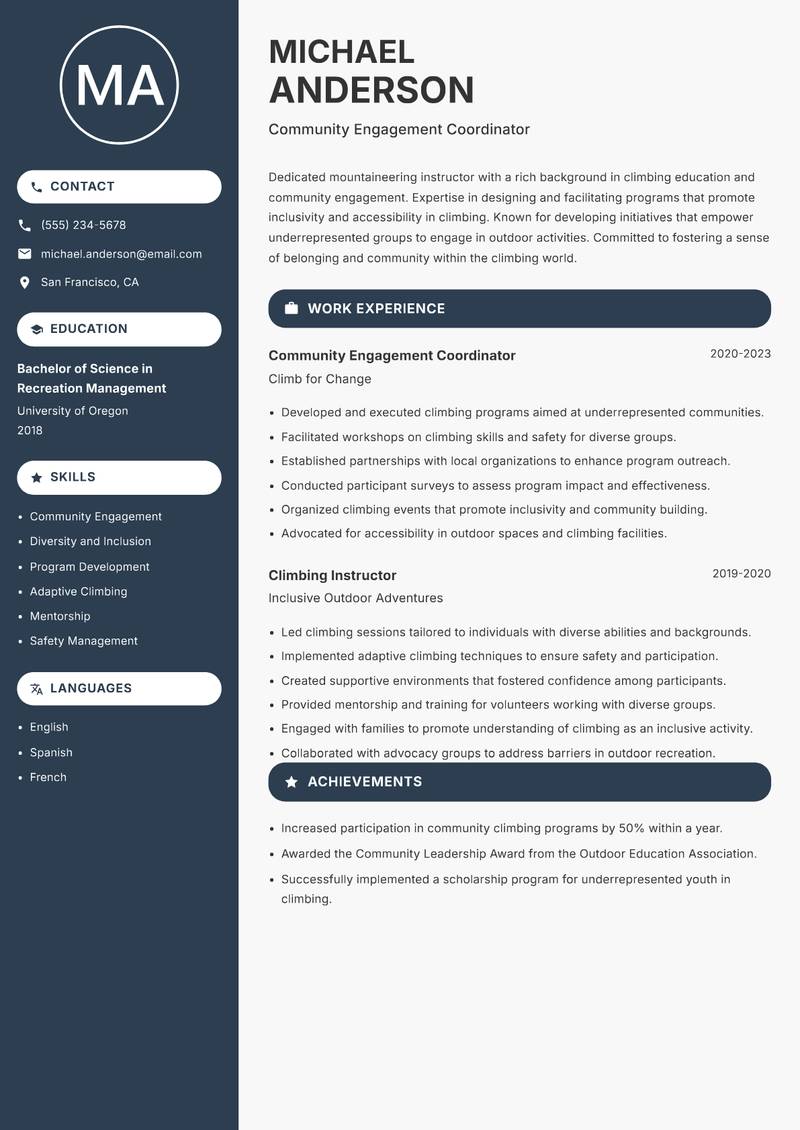 Mountaineering Instructor resume sample — Community Engagement Coordinator focus