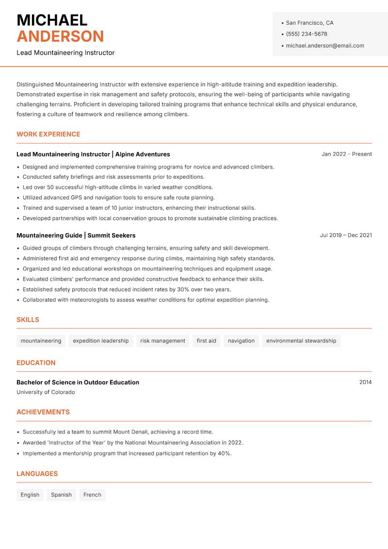 Mountaineering Instructor resume sample — Lead Mountaineering Instructor focus