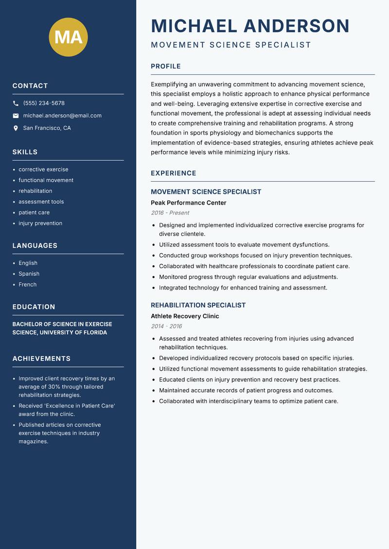 Movement Science Specialist resume sample — Movement Science Specialist focus