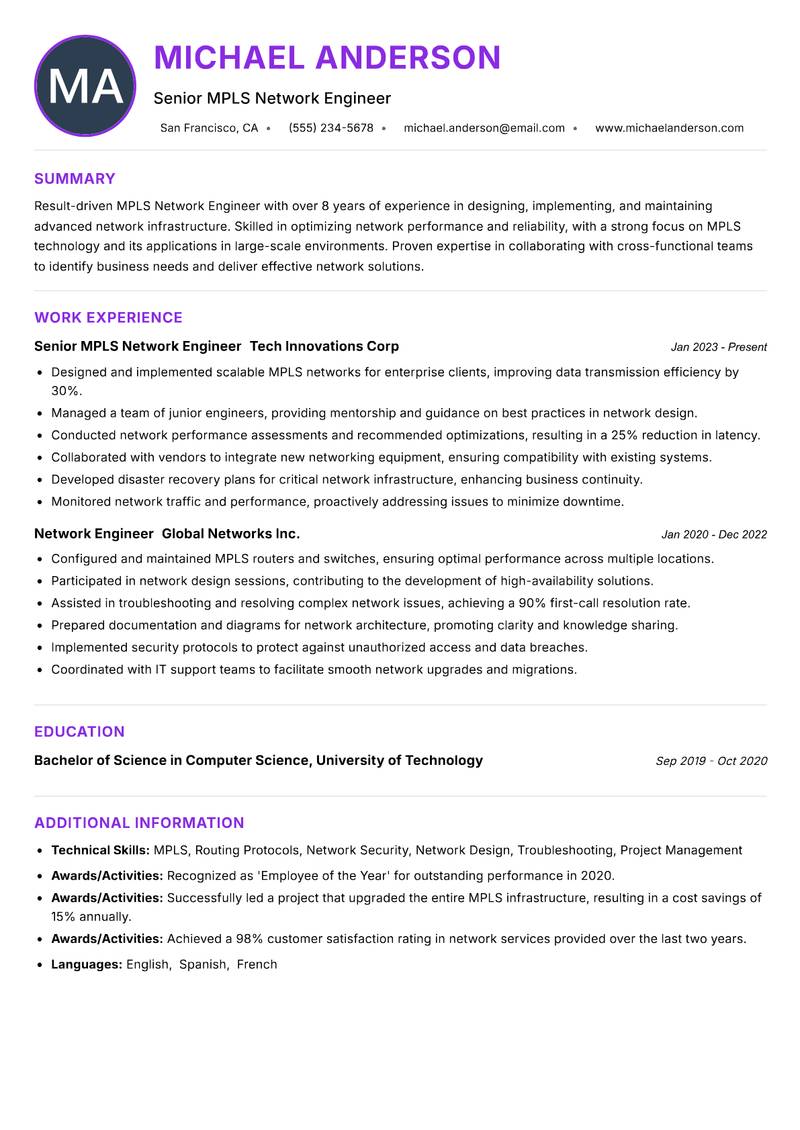 MPLS Network Engineer resume example