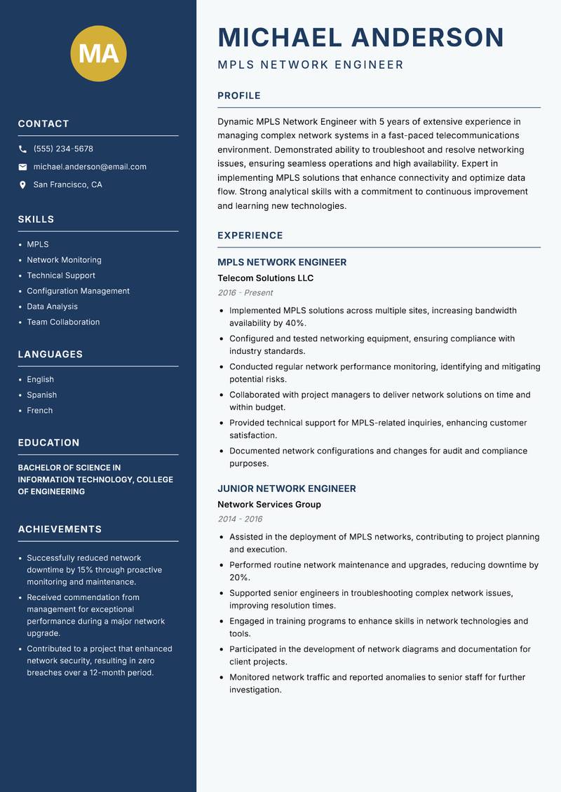 MPLS Network Engineer resume sample — MPLS Network Engineer focus