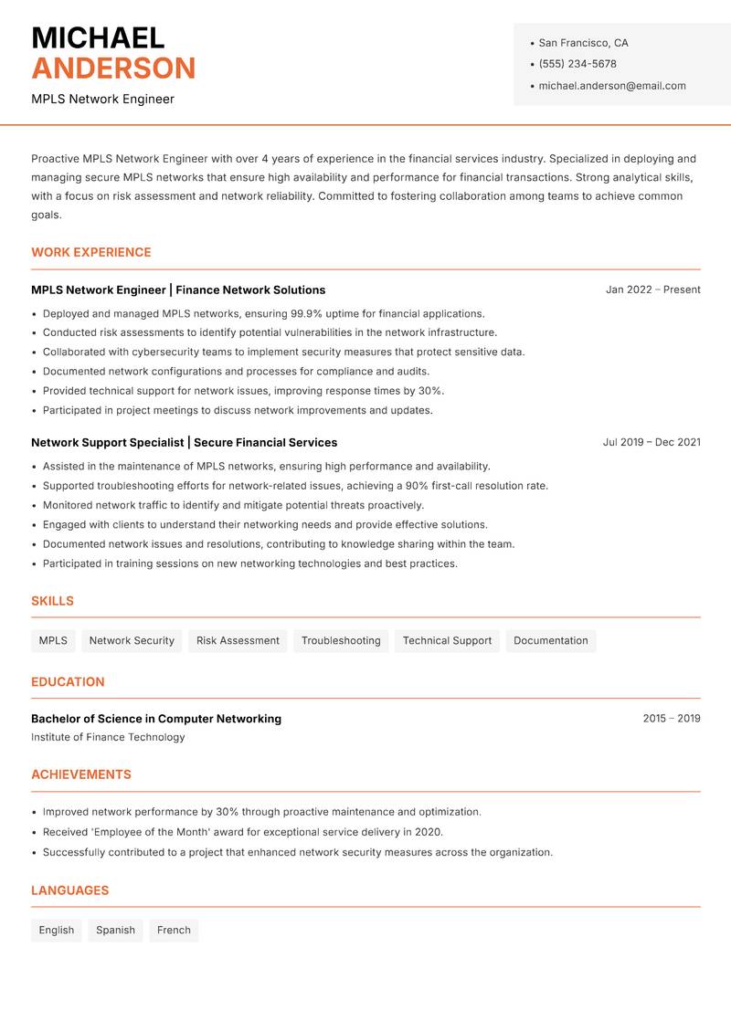 MPLS Network Engineer resume sample — MPLS Network Engineer focus