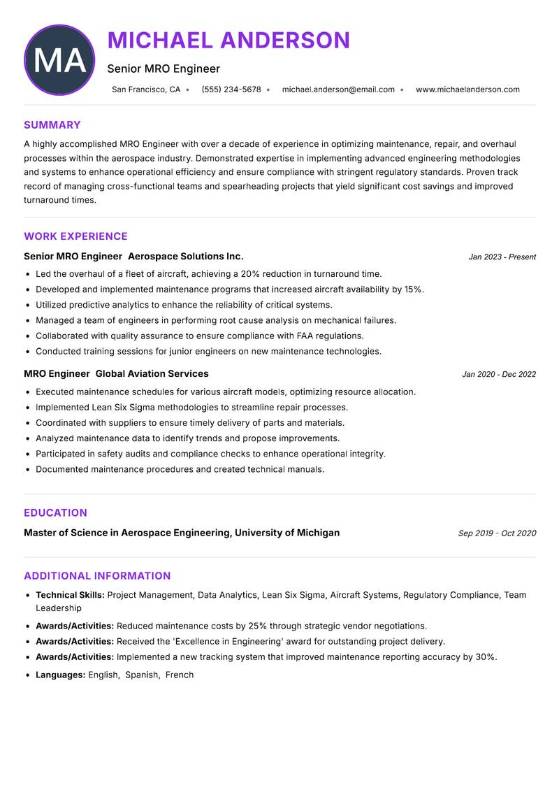MRO Engineer resume example