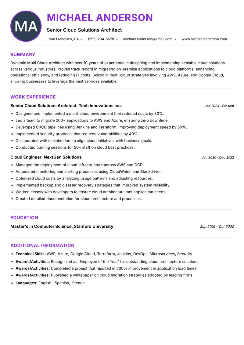 Multi Cloud Architect resume example