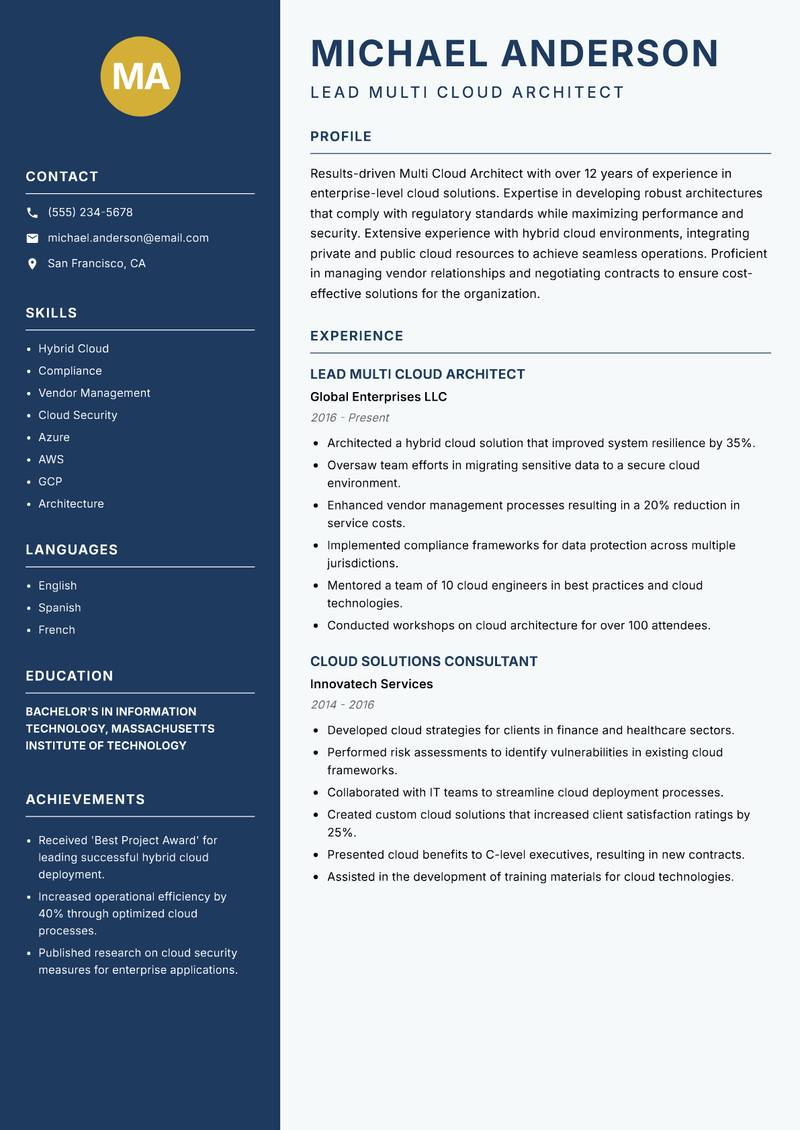 Multi Cloud Architect resume sample — Lead Multi Cloud Architect focus