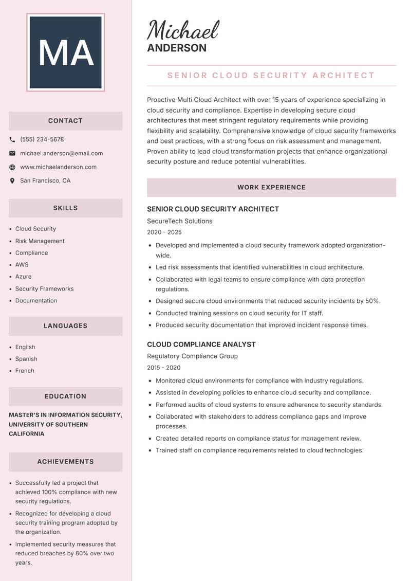 Multi Cloud Architect resume sample — Senior Cloud Security Architect focus