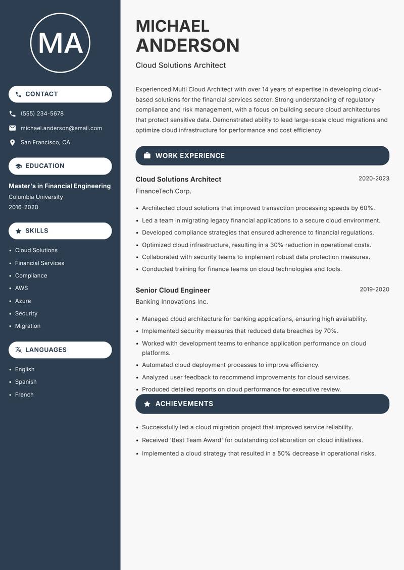 Multi Cloud Architect resume sample — Cloud Solutions Architect focus