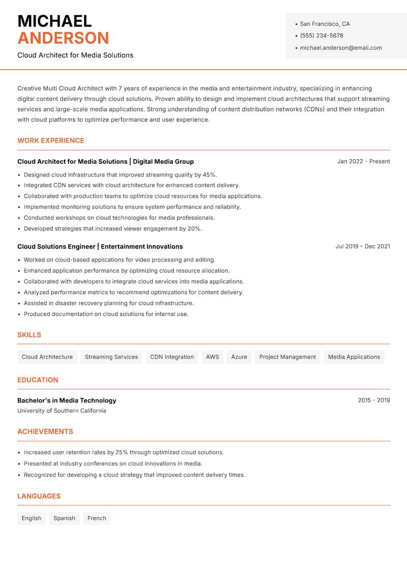 Multi Cloud Architect resume sample — Cloud Architect for Media Solutions focus