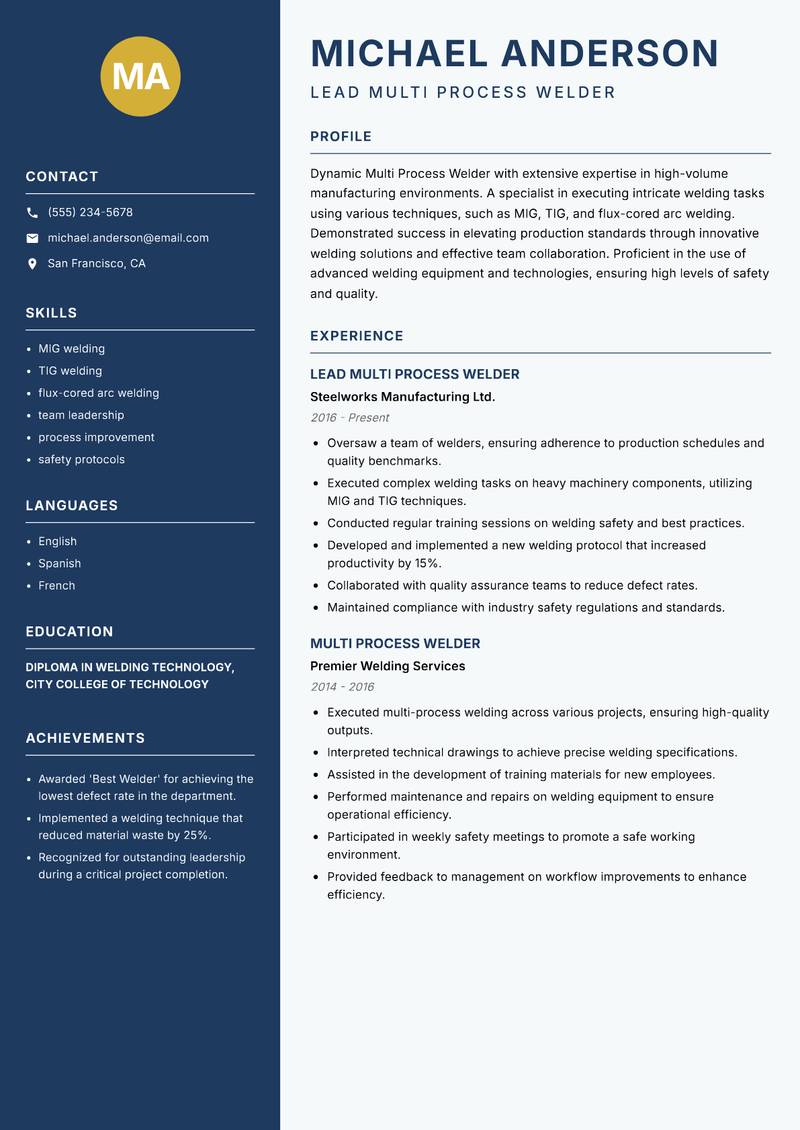 Multi Process Welder resume sample — Lead Multi Process Welder focus