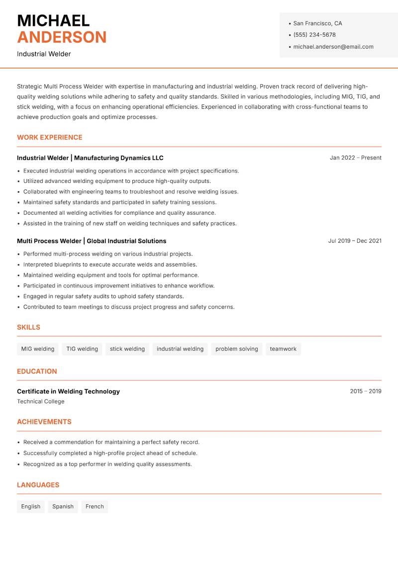 Multi Process Welder resume sample — Industrial Welder focus
