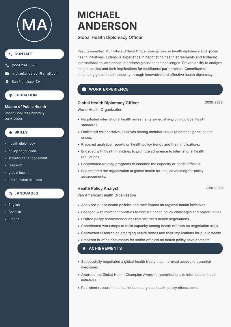 Multilateral Affairs Officer resume sample — Global Health Diplomacy Officer focus
