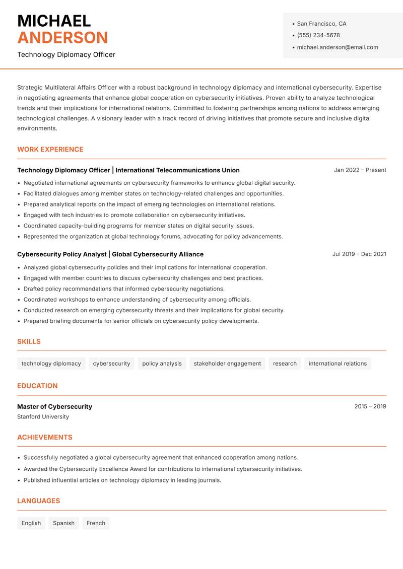 Multilateral Affairs Officer resume sample — Technology Diplomacy Officer focus