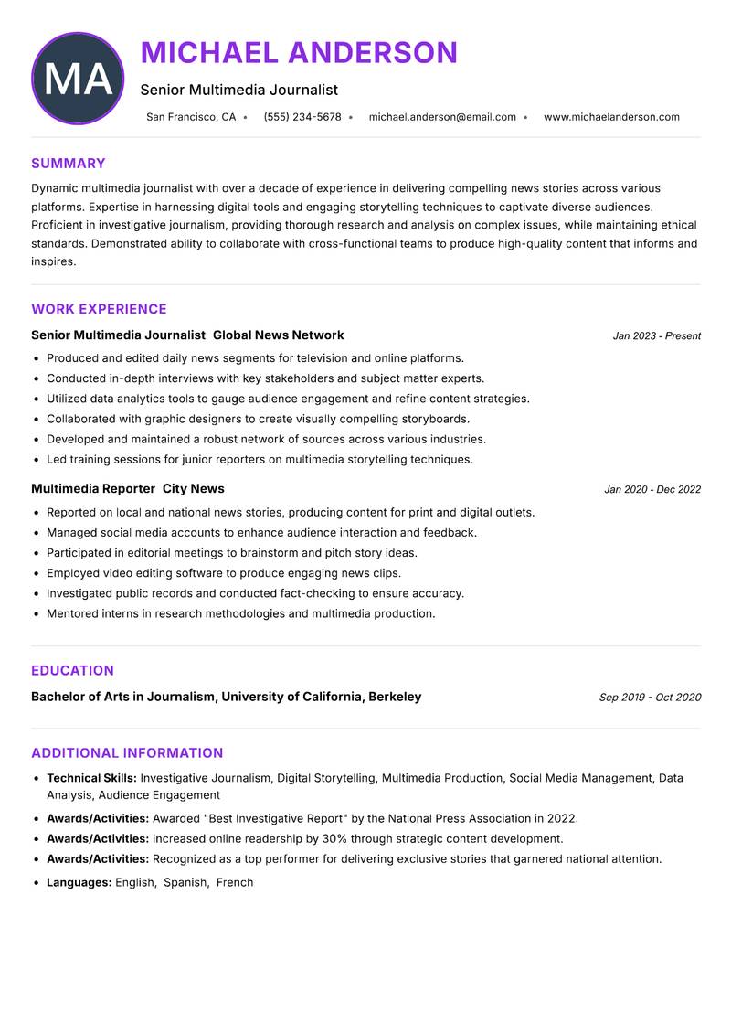 Multimedia Journalist resume example