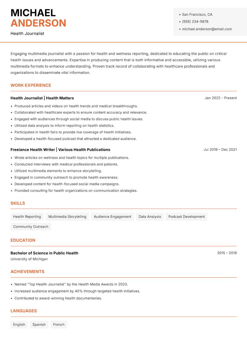 Multimedia Journalist resume sample — Health Journalist focus