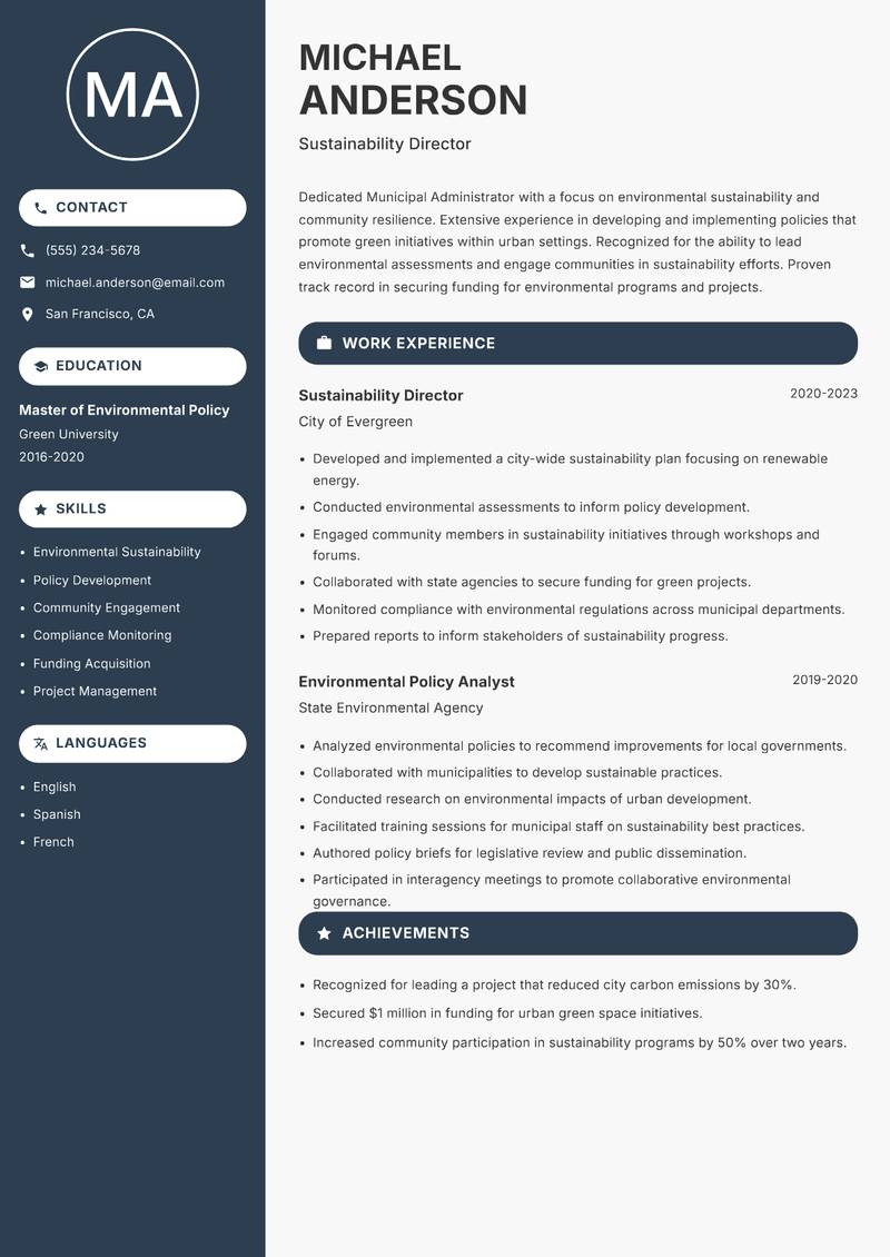 Municipal Administrator resume sample — Sustainability Director focus