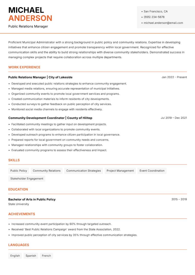 Municipal Administrator resume sample — Public Relations Manager focus