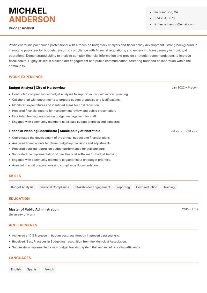 Municipal Budget Officer resume sample — Budget Analyst focus