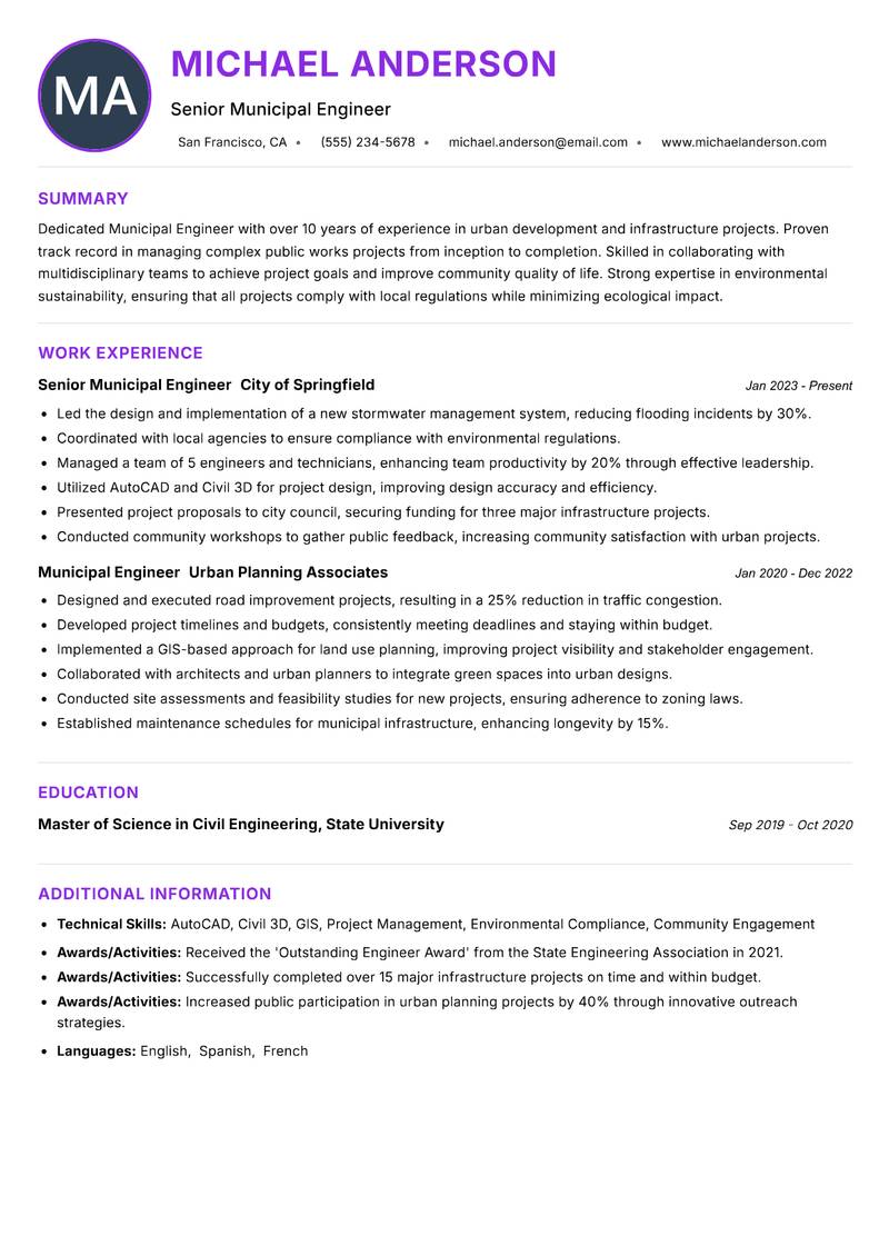 Municipal Engineer resume example
