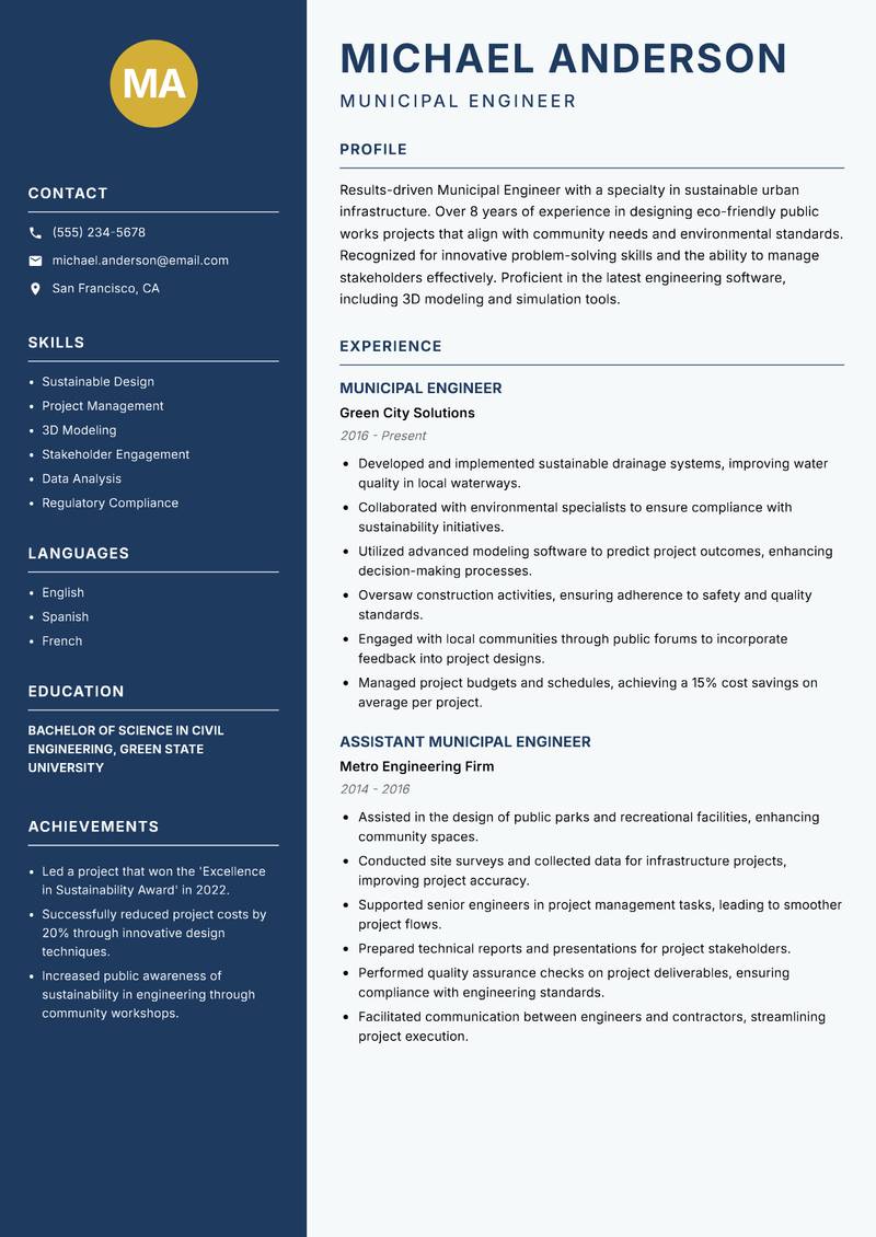 Municipal Engineer resume sample — Municipal Engineer focus