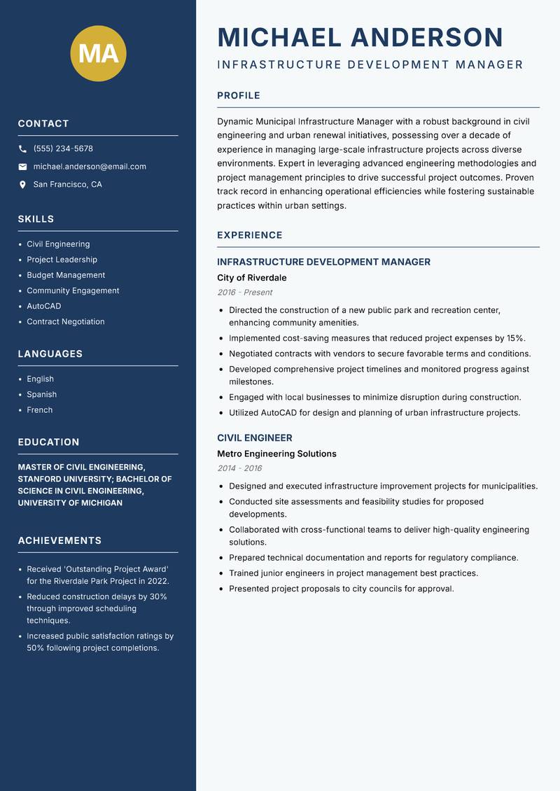Municipal Infrastructure Manager resume sample — Infrastructure Development Manager focus